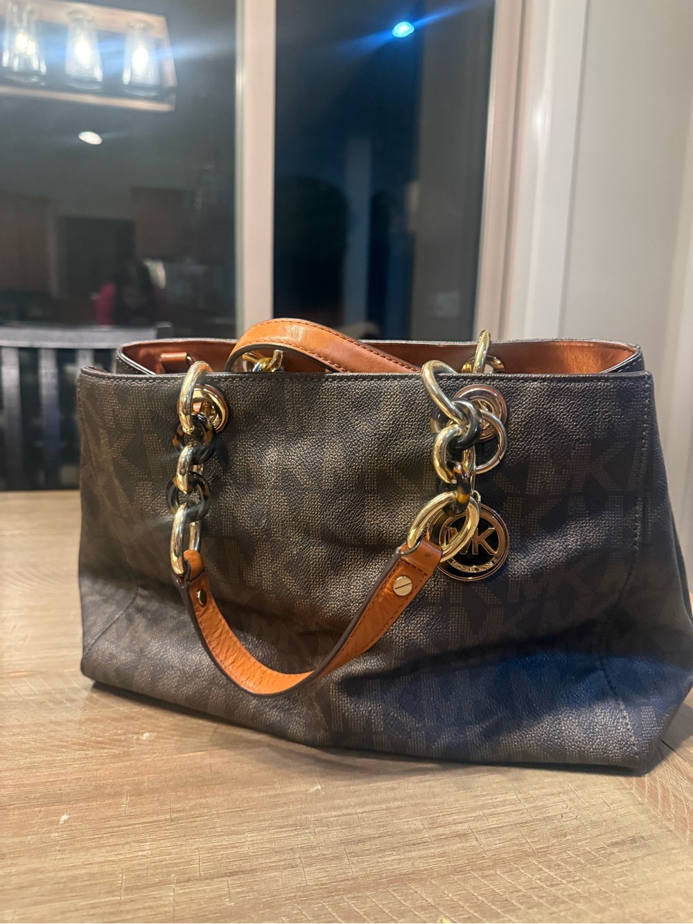 Michael Kors Brown MK Logo Shoulder Tote with Tan Leather Handles